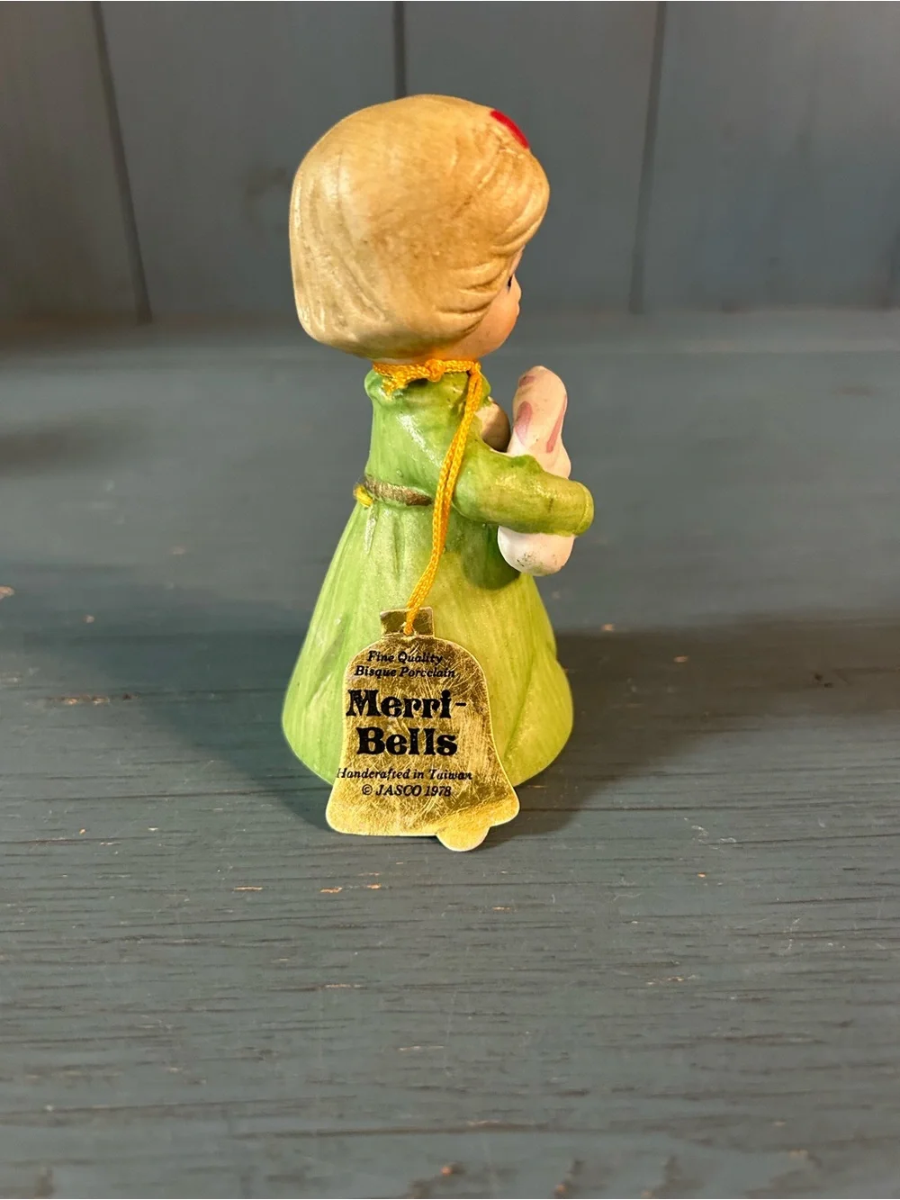 JASCO Vintage 1978 Merri Bells - Green Girl Figurine Holiday Decor with Bunny